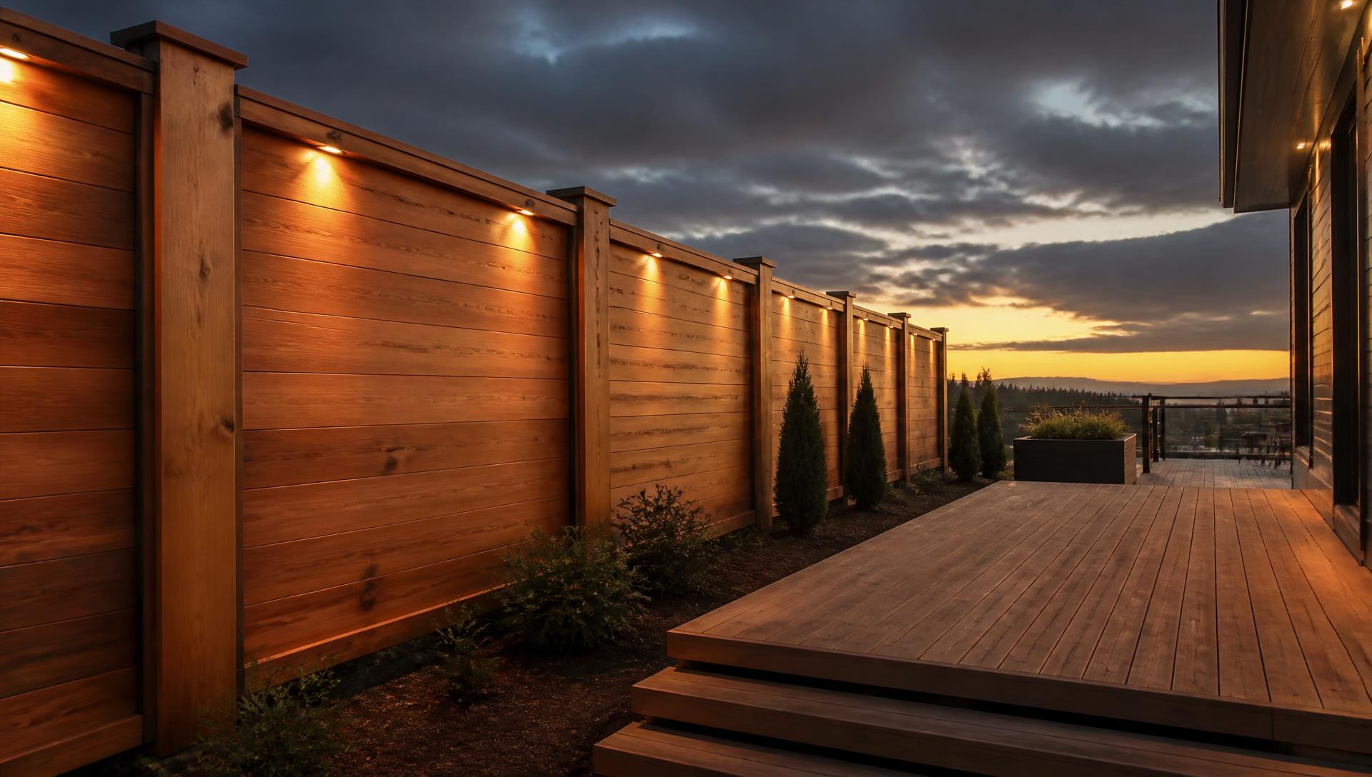 Cedar privacy fence beside a custom wood deck at sunset